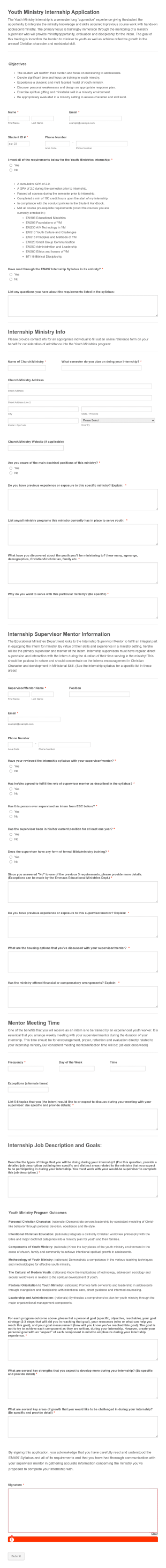 Emmaus Bible College Youth Ministry Internship Application Form Template