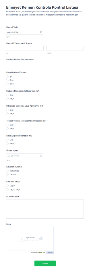 Emniyet Kemeri Kontrolü Kontrol Listesi Form Şablonu