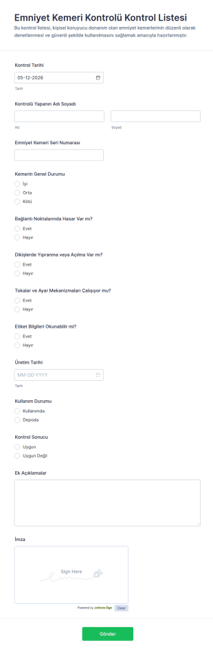 Emniyet Kemeri Kontrolü Kontrol Listesi Form Şablonu