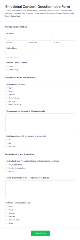 Emotional Consent Questionnaire Form Template