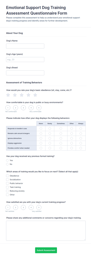 Emotional Support Dog Training Assessment Questionnaire Form Template