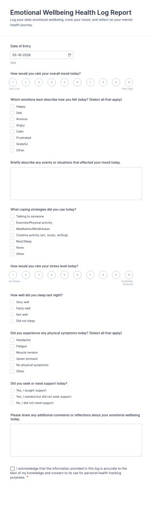 Emotional Wellbeing Health Log Report Form Template
