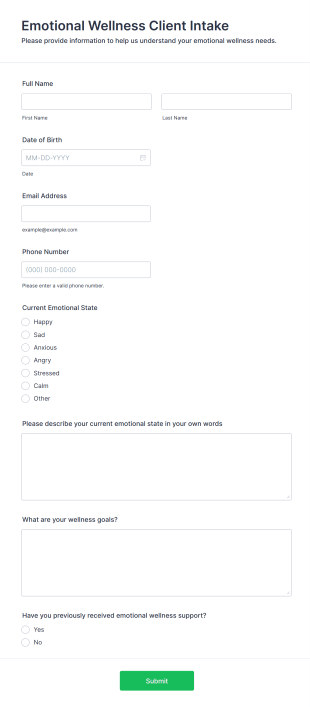 Emotional Wellness Client Intake Form Form Template