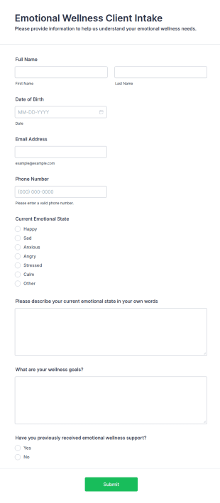 Emotional Wellness Client Intake Form Template
