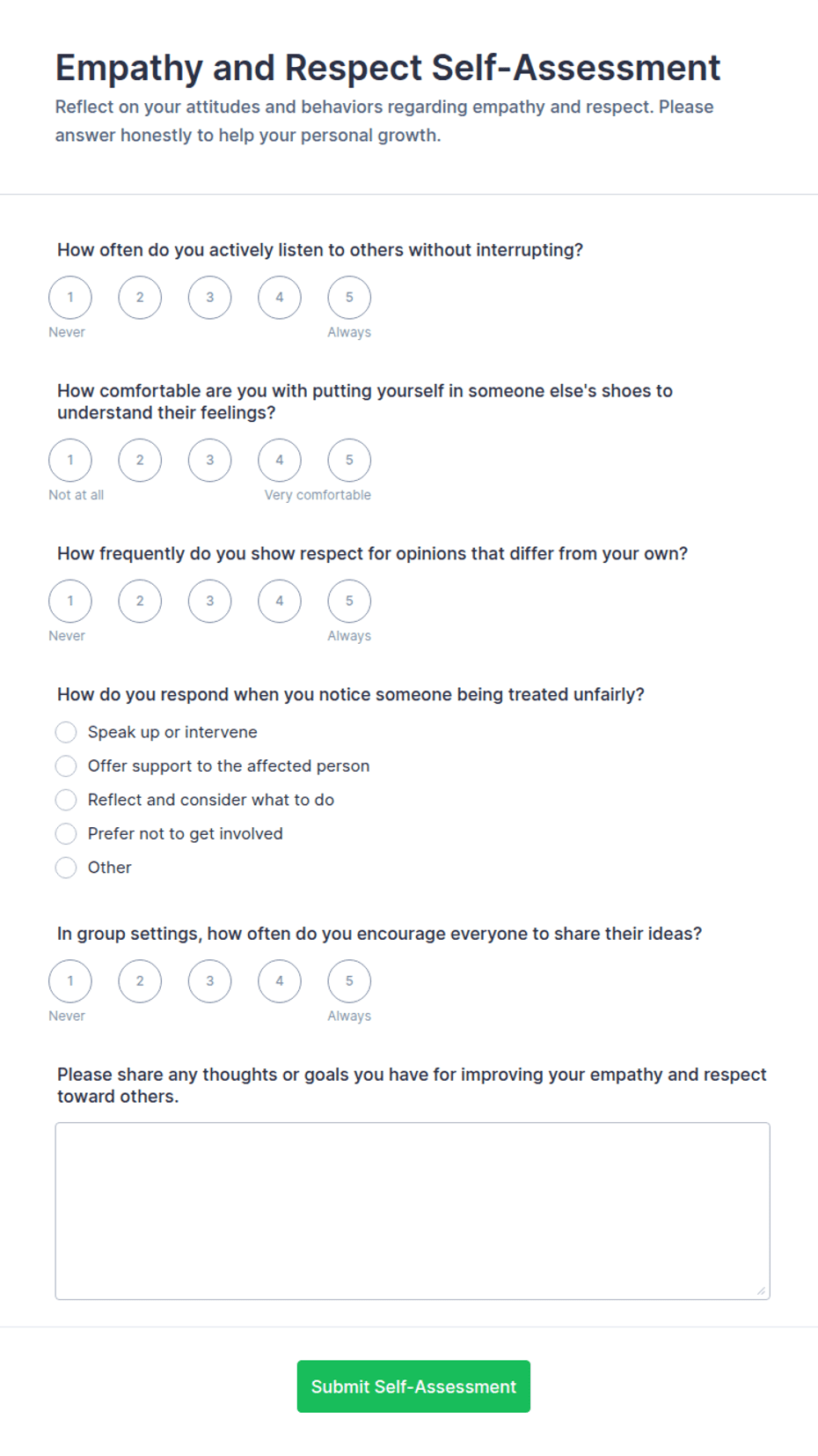 Completed Respect Form Example Empathy and Respect Self-Assessment Form Template | Jotform