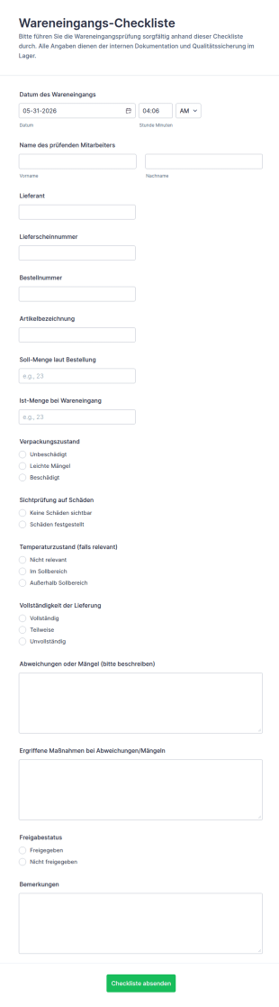 Empfangs Checkliste Formular