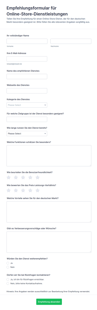 Empfehlung Für Online Shop Dienstleistung