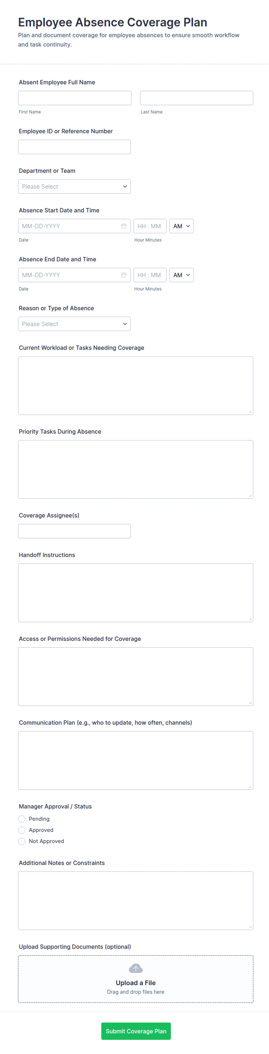 Employee Absence Coverage Plan Form Template | Jotform