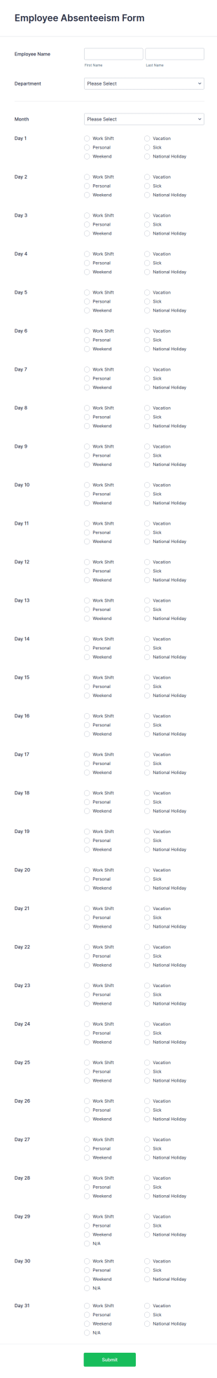 Employee Absenteeism Form Template