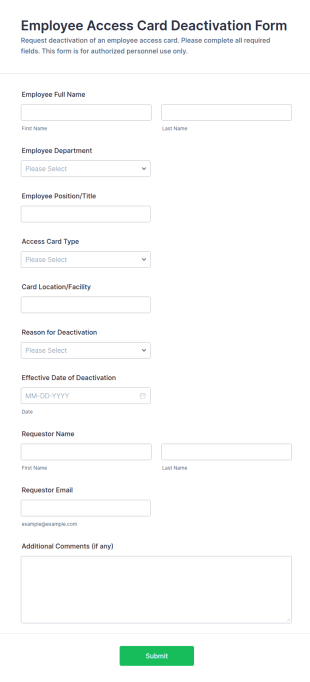 Employee Access Card Deactivation Form Template