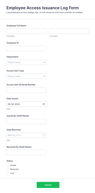Employee Access Issuance Log Form Template