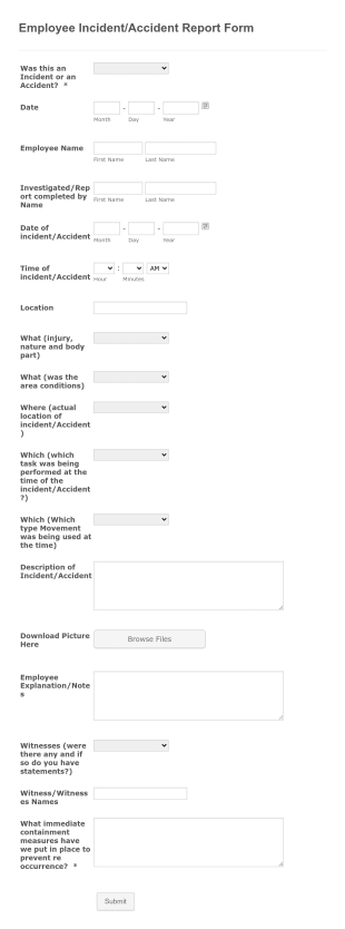 Employee Accident/Incident Report Form Template