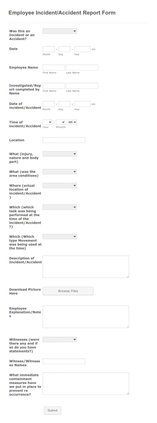 Employee Accident/Incident Report Form Template
