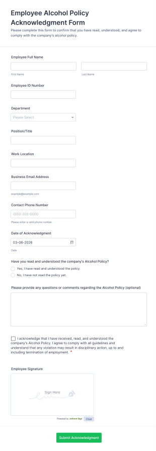 Employee Alcohol Policy Acknowledgment Form Template