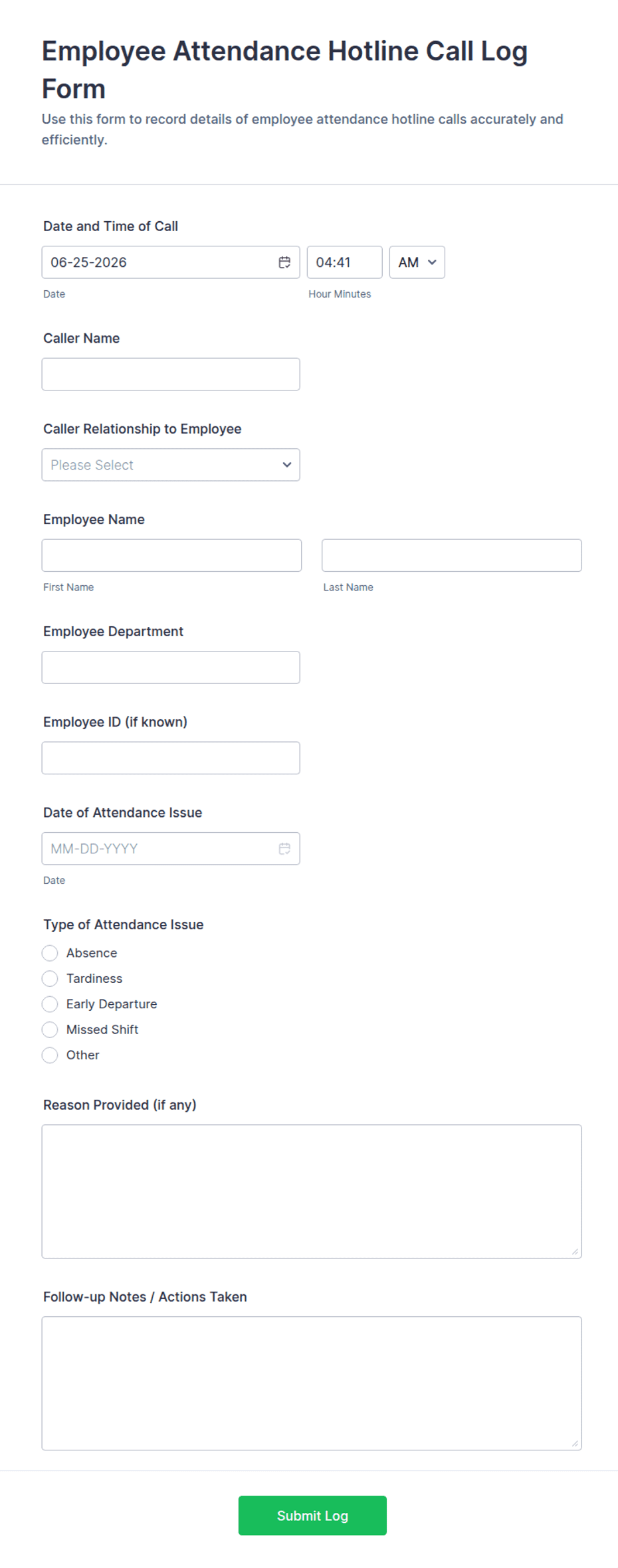 Employee Attendance Hotline Call Log Form Template | Jotform