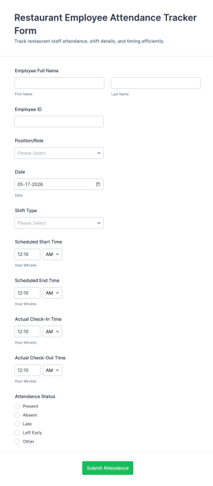 Employee Attendance Tracking Form Template
