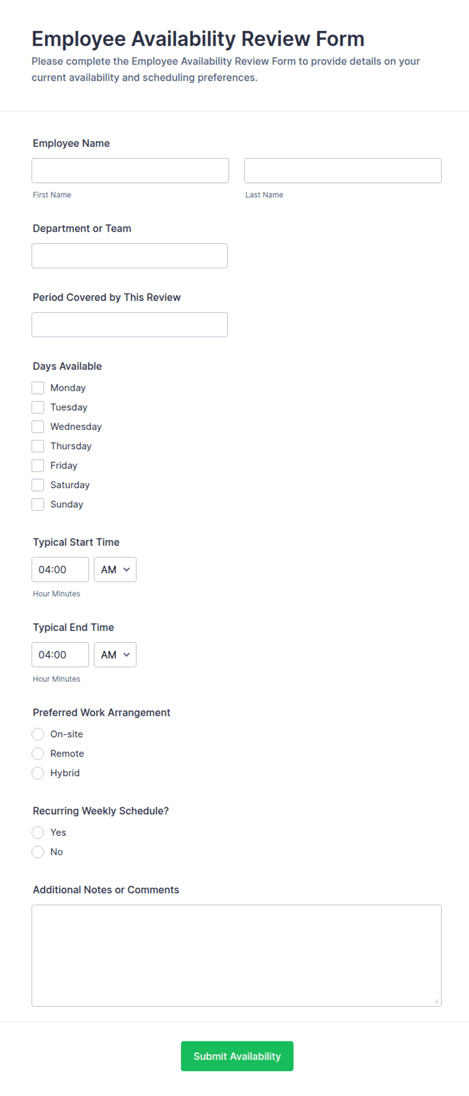 Employee Availability Review Form Template | Jotform