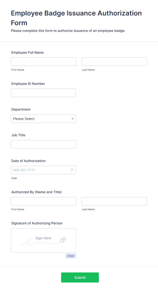 Employee Badge Issuance Authorization Form Form Template