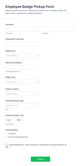 Employee Badge Pickup Form Template