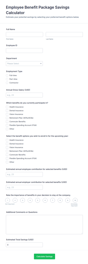 Employee Benefit Package Savings Calculator Form Template