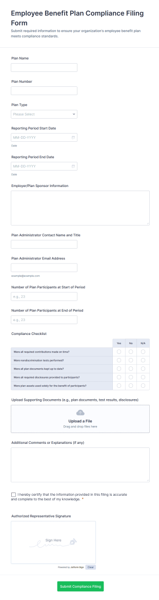 Employee Benefit Plan Compliance Filing Form Template