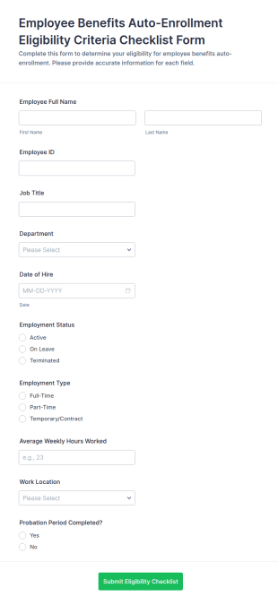 Employee Benefits Auto Enrollment Eligibility Criteria Checklist Form Template