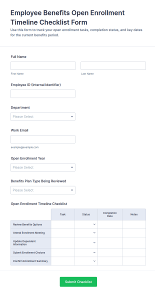 Employee Benefits Open Enrollment Timeline Checklist Form Template