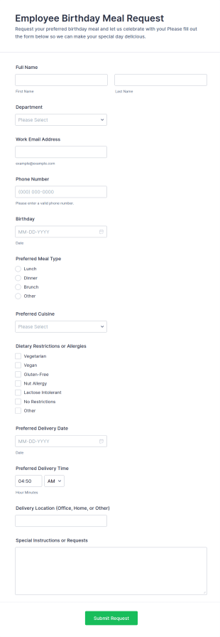 Employee Birthday Meal Request Form Template