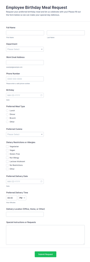 Employee Birthday Meal Request Form Template