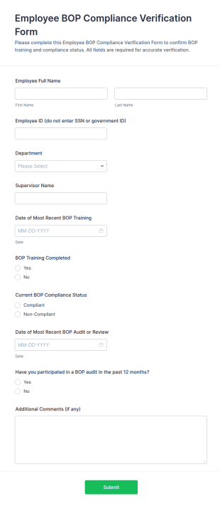 Employee BOP Compliance Verification Form Template