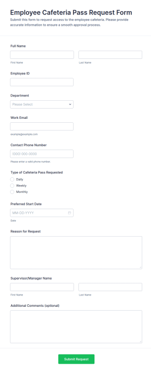 Employee Cafeteria Pass Request Form Template