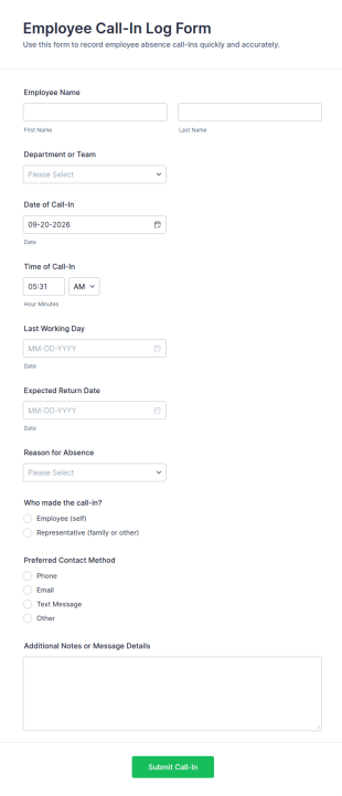 Employee Call In Log Form Template