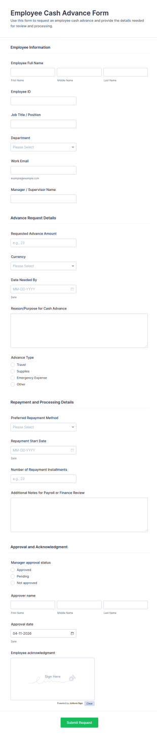 Employee Cash Advance Request Form Template