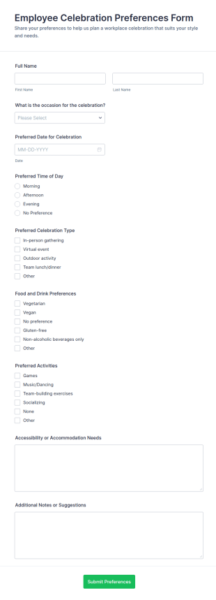 Employee Celebration Preferences Form Template