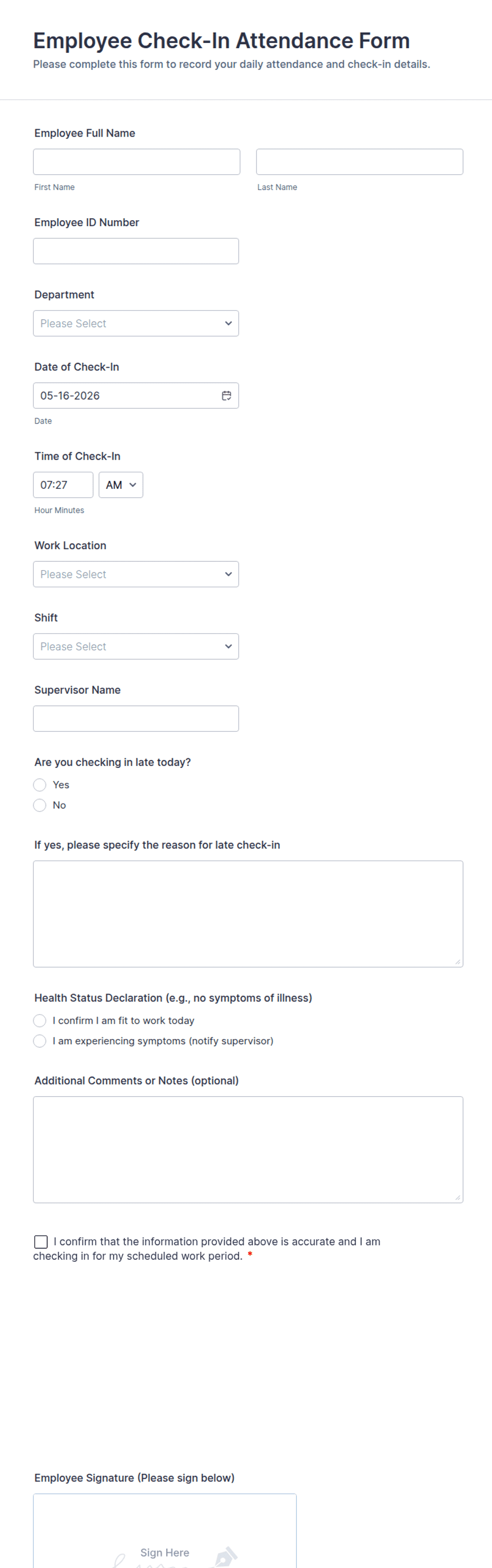 Manager Check In Form Employee Check-In Attendance Form Template | Jotform