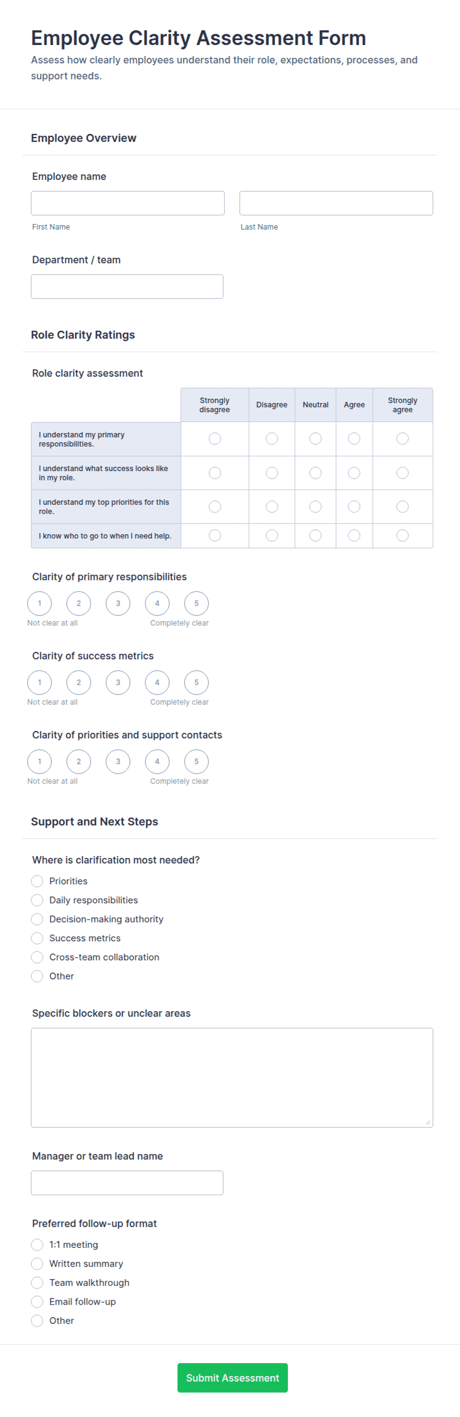Employee Clarity Assessment Form Template | Jotform