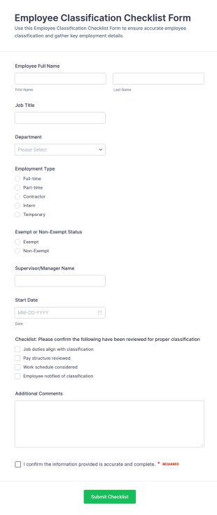 Employee Classification Checklist Form Template