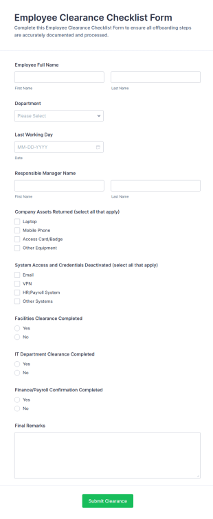 Employee Clearance Checklist Form Template