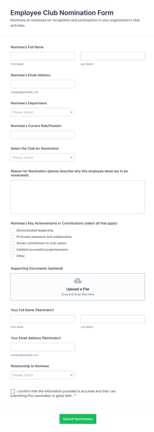 Employee Club Nomination Form Template