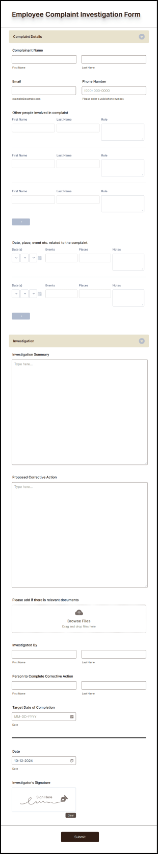 Employee Complaint Investigation Form Template