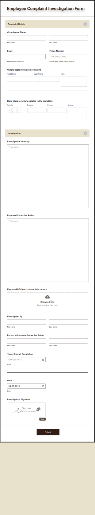 Employee Complaint Investigation Form Template