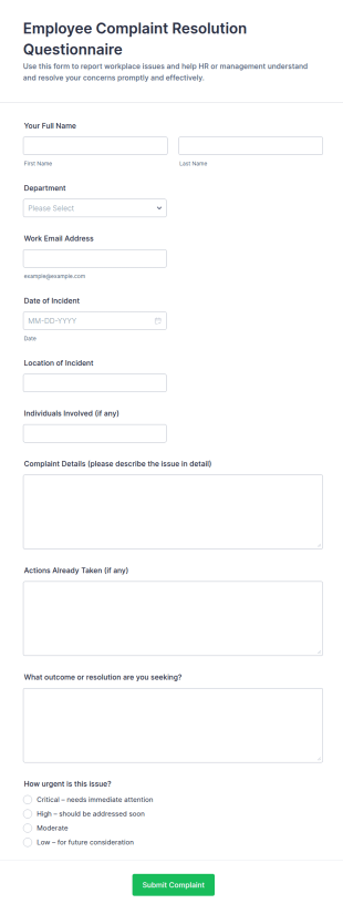 Employee Complaint Resolution Questionnaire Form Template