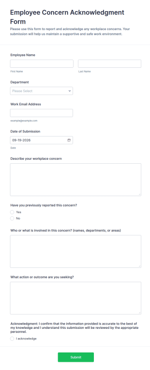 Employee Concern Acknowledgment Form Template