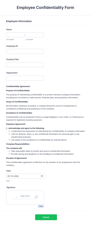 Employee Confidentiality Form Template