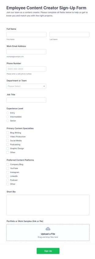 Employee Content Creator Sign Up Form Template