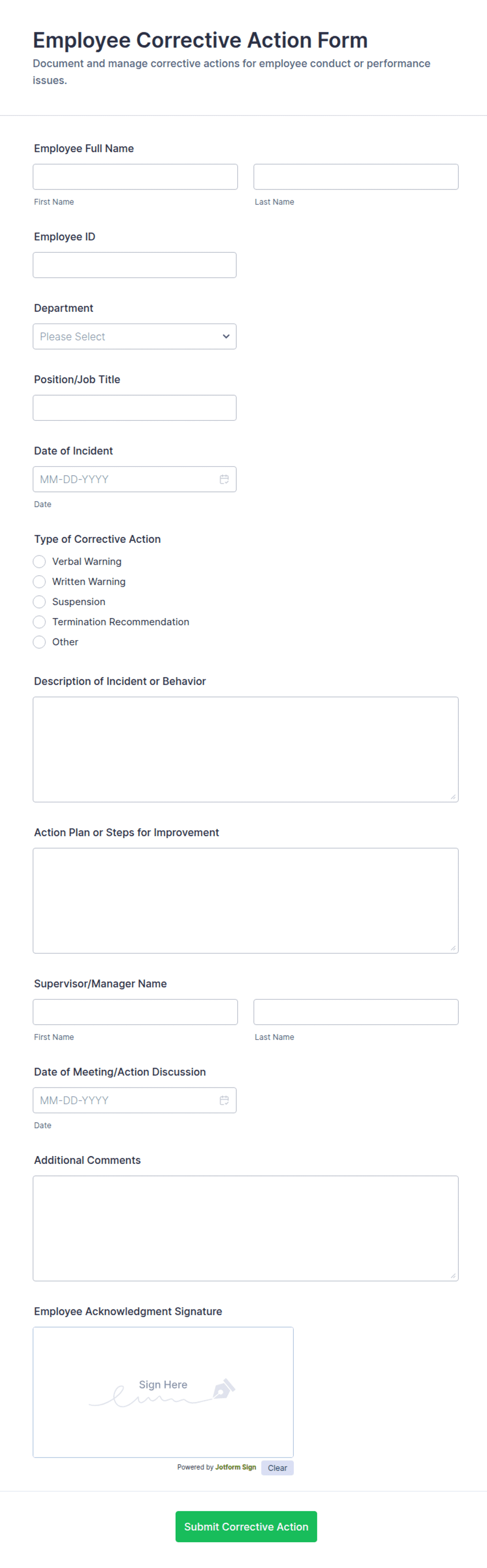 Example Correction Ui Form Person Employee Corrective Action Form Template | Jotform