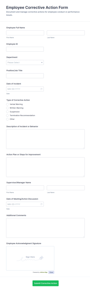 Employee Corrective Action Form Template