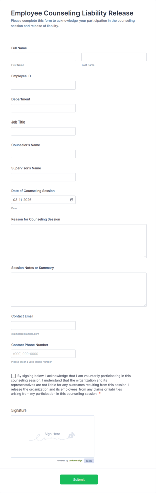 Employee Counseling Liability Release Form Template