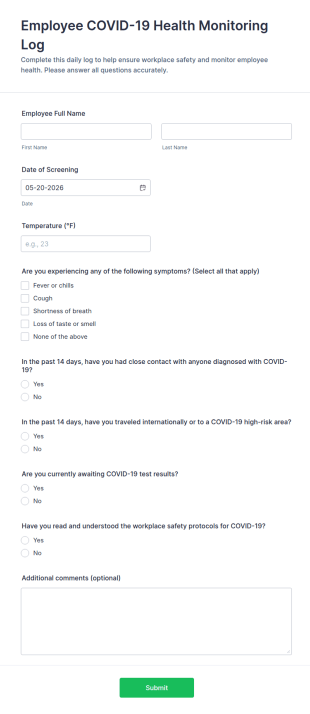 Employee COVID 19 Health Monitoring Log Form Template