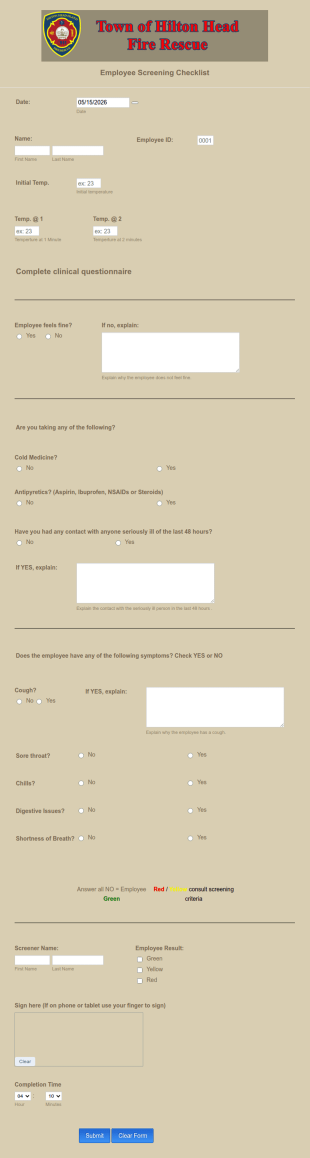 Employee COVID 19 Screening Checklist Form Template